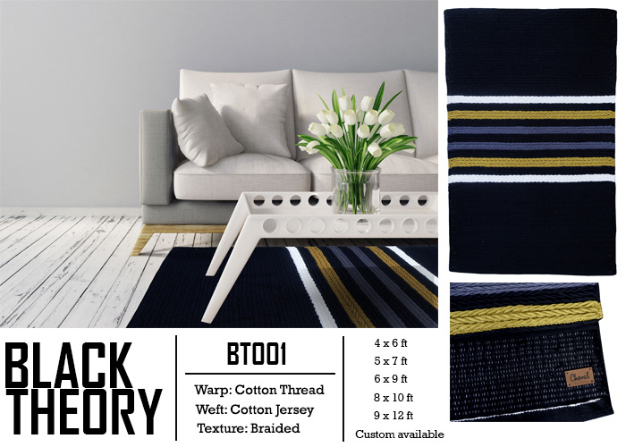 Black Theory BT001 black rug with white and yellow linear accents