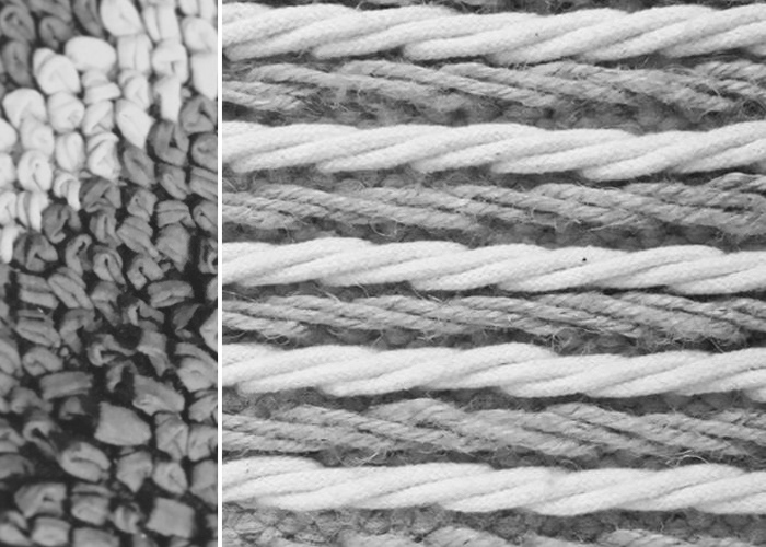 Monochrome close-up comparison of looped and twisted cotton rug textures