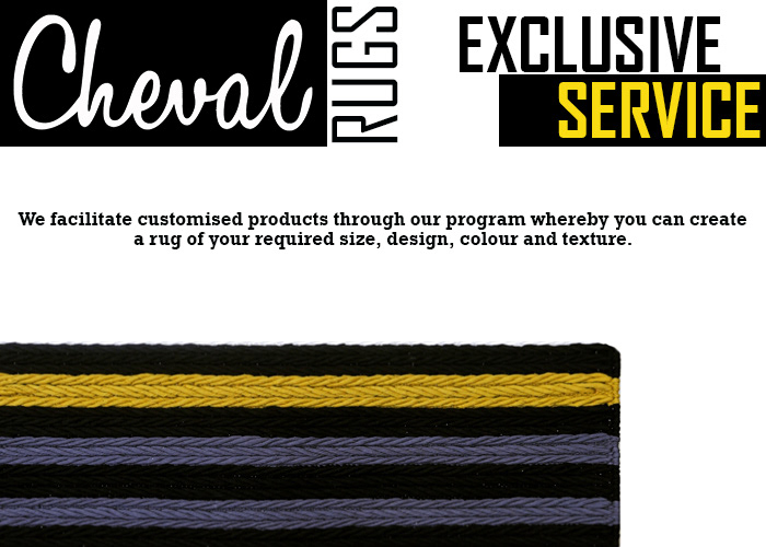 Cheval Rugs Exclusive Service card explaining customizable rug size, design, colour, and texture