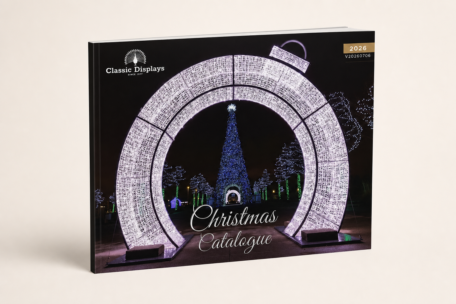 Classic Displays 2026 Christmas Catalogue presented as a premium standing print mockup
