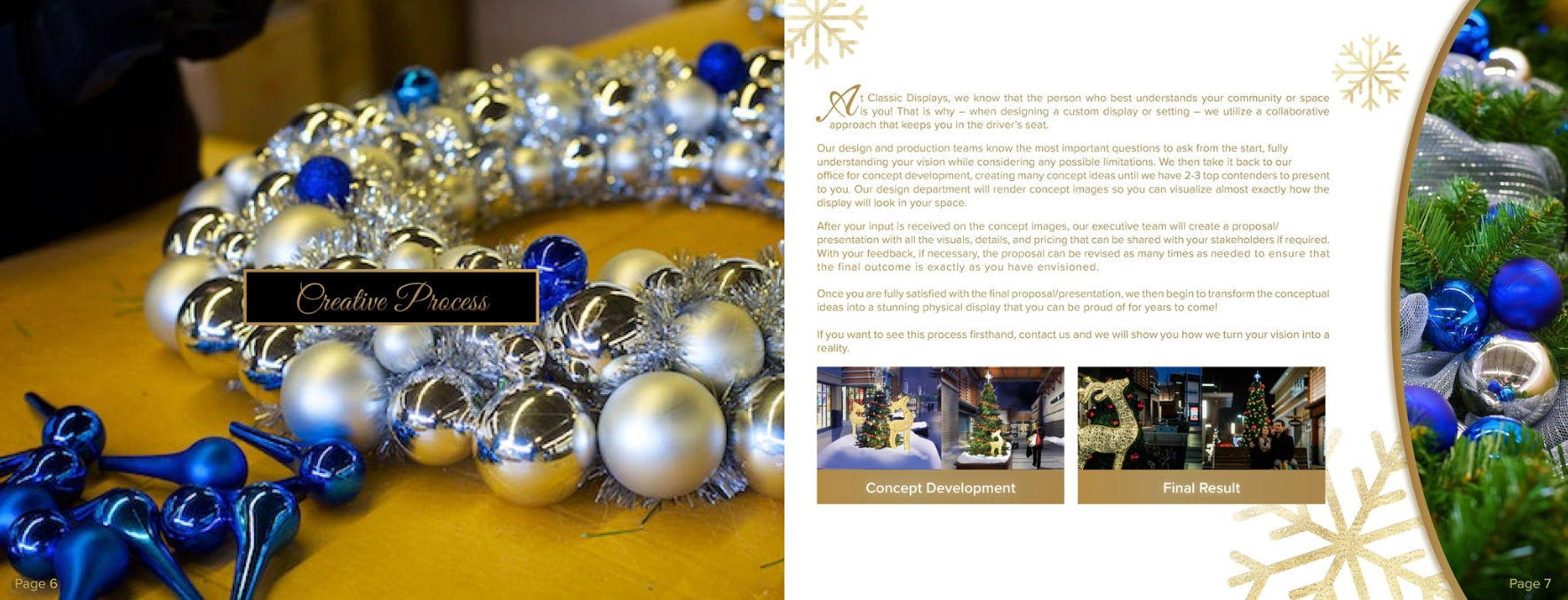 Creative process catalogue spread with blue and silver Christmas ornaments