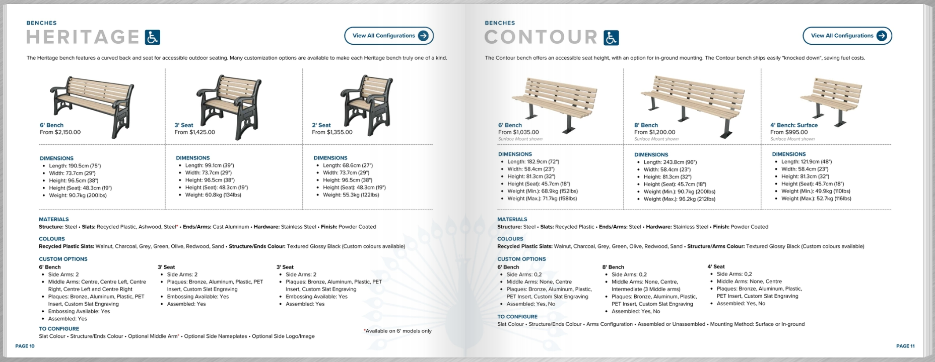 Heritage and Contour bench product catalogue spread