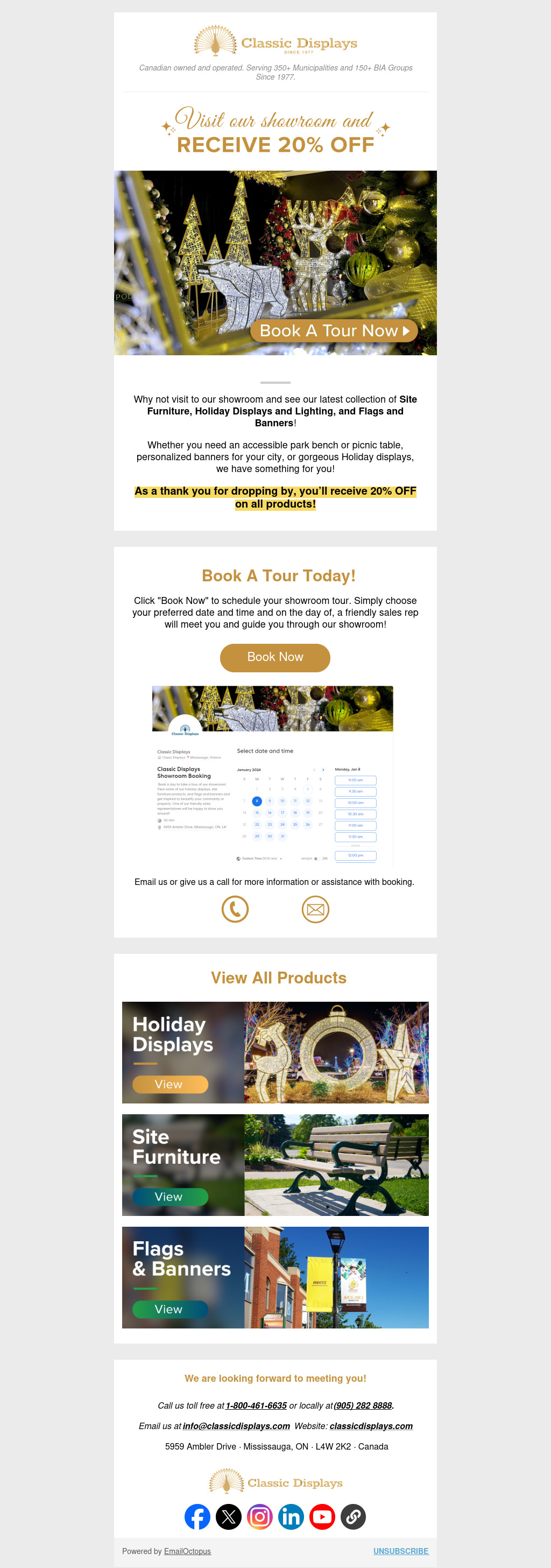 Classic Displays showroom booking promotion email