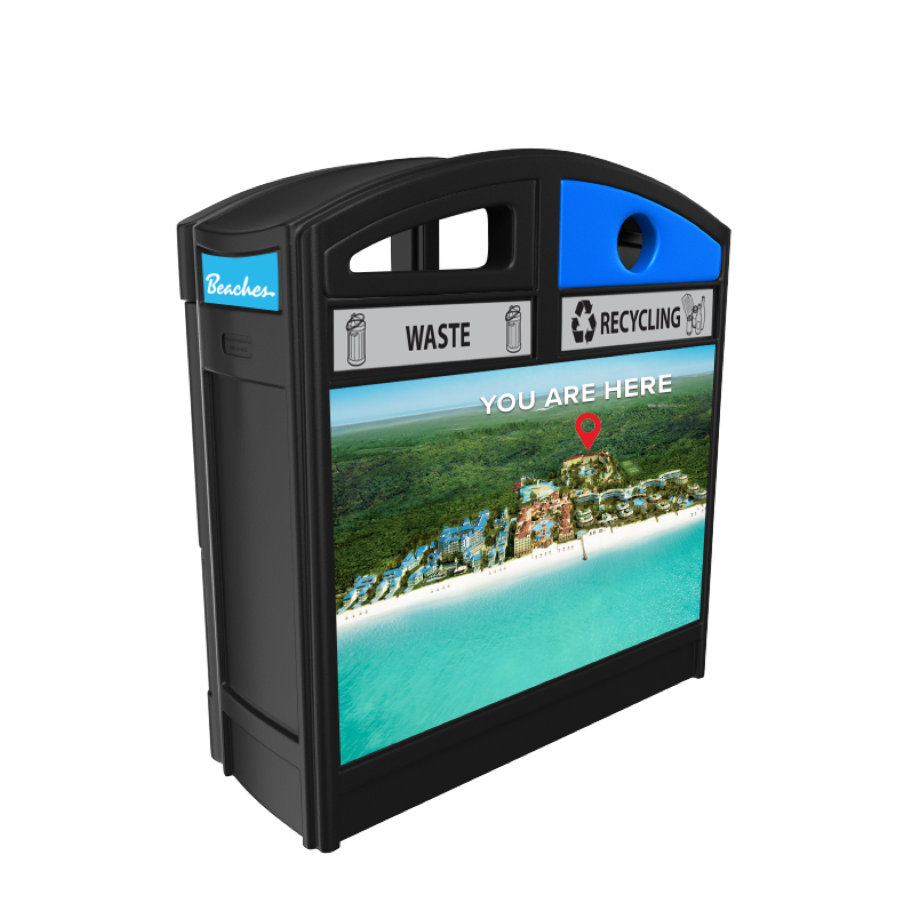 Back view of Beaches waste and recycling bin with destination map