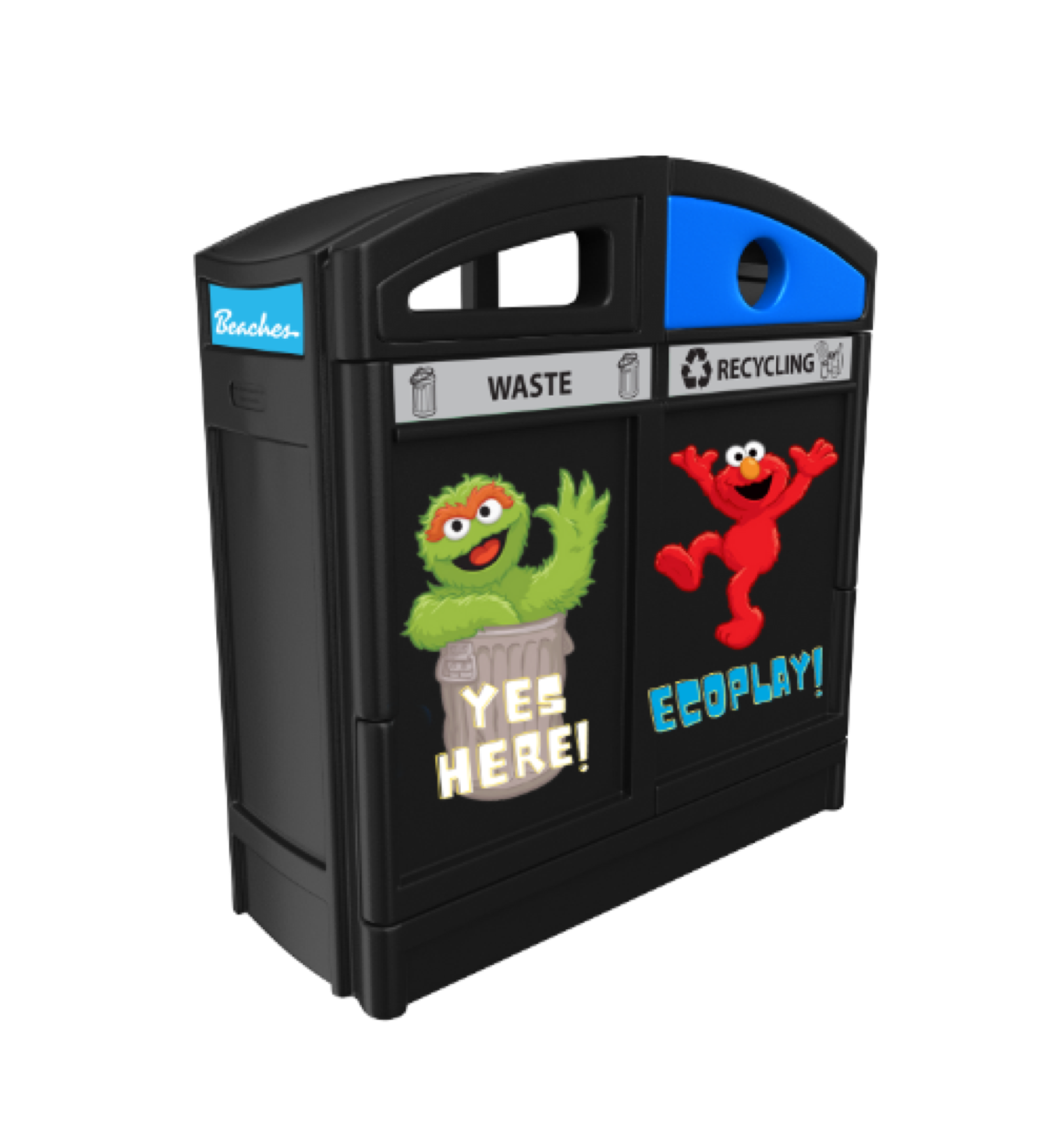 Front view of Beaches Sesame Street waste and recycling bin mockup