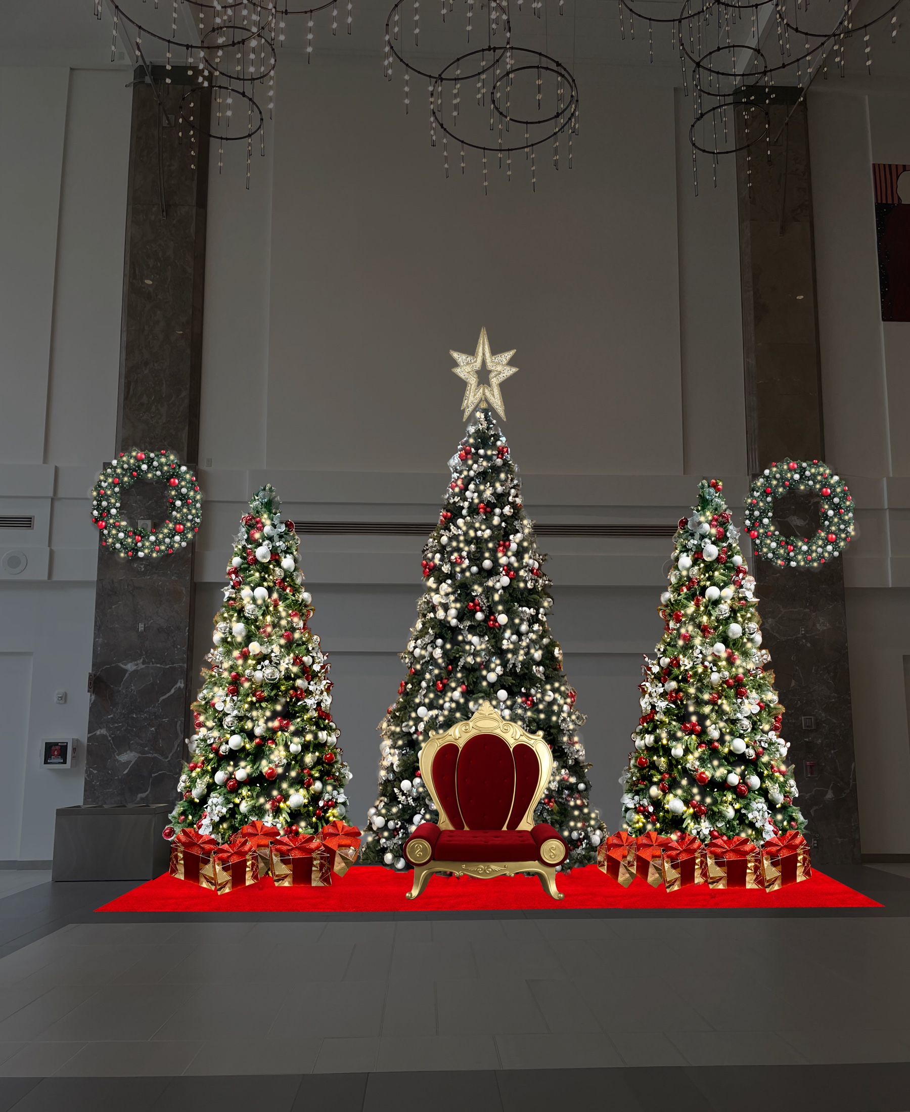 College Park interior Christmas tree installation mockup