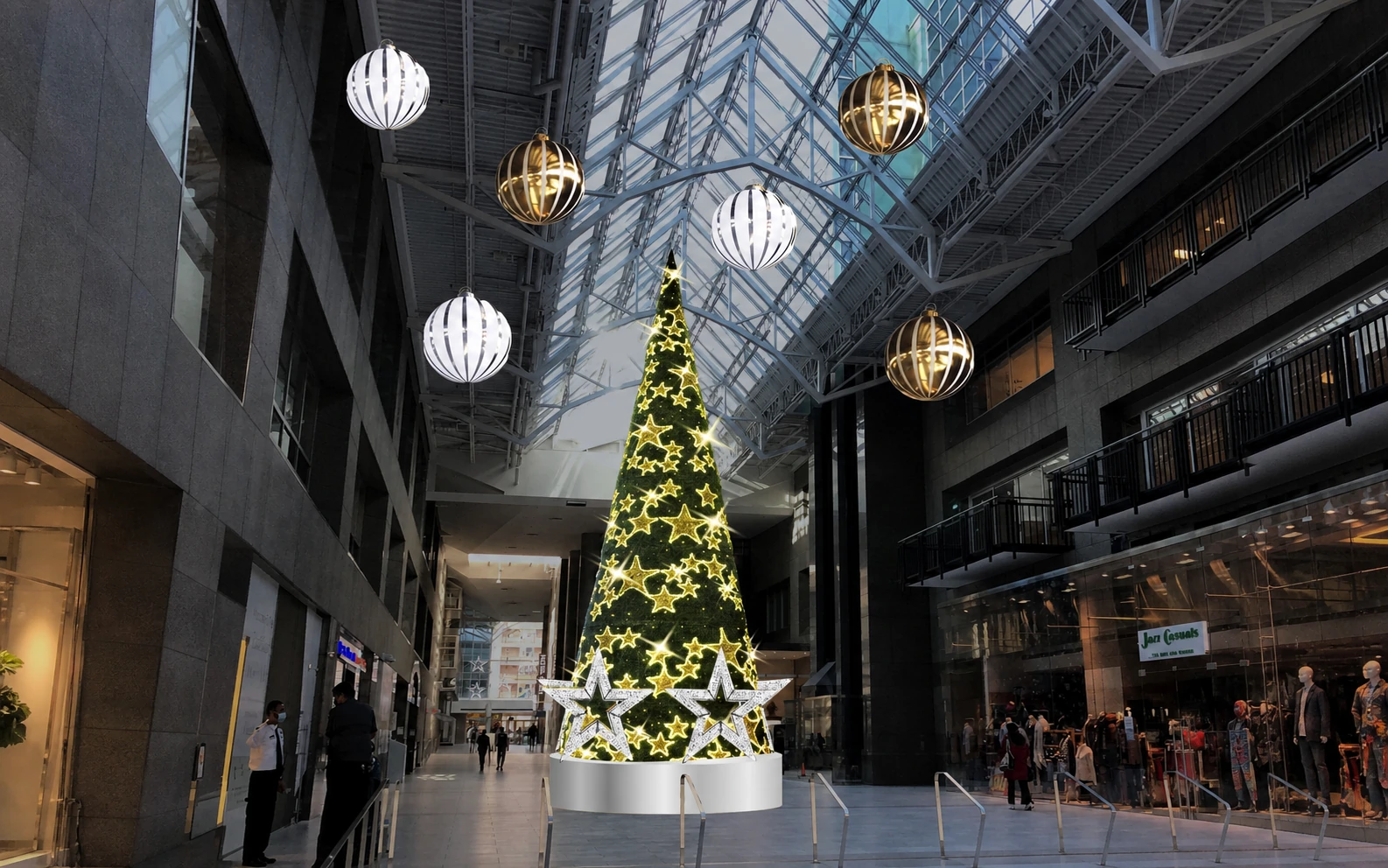 Wide Hollywood holiday tree and hanging ornament installation mockup