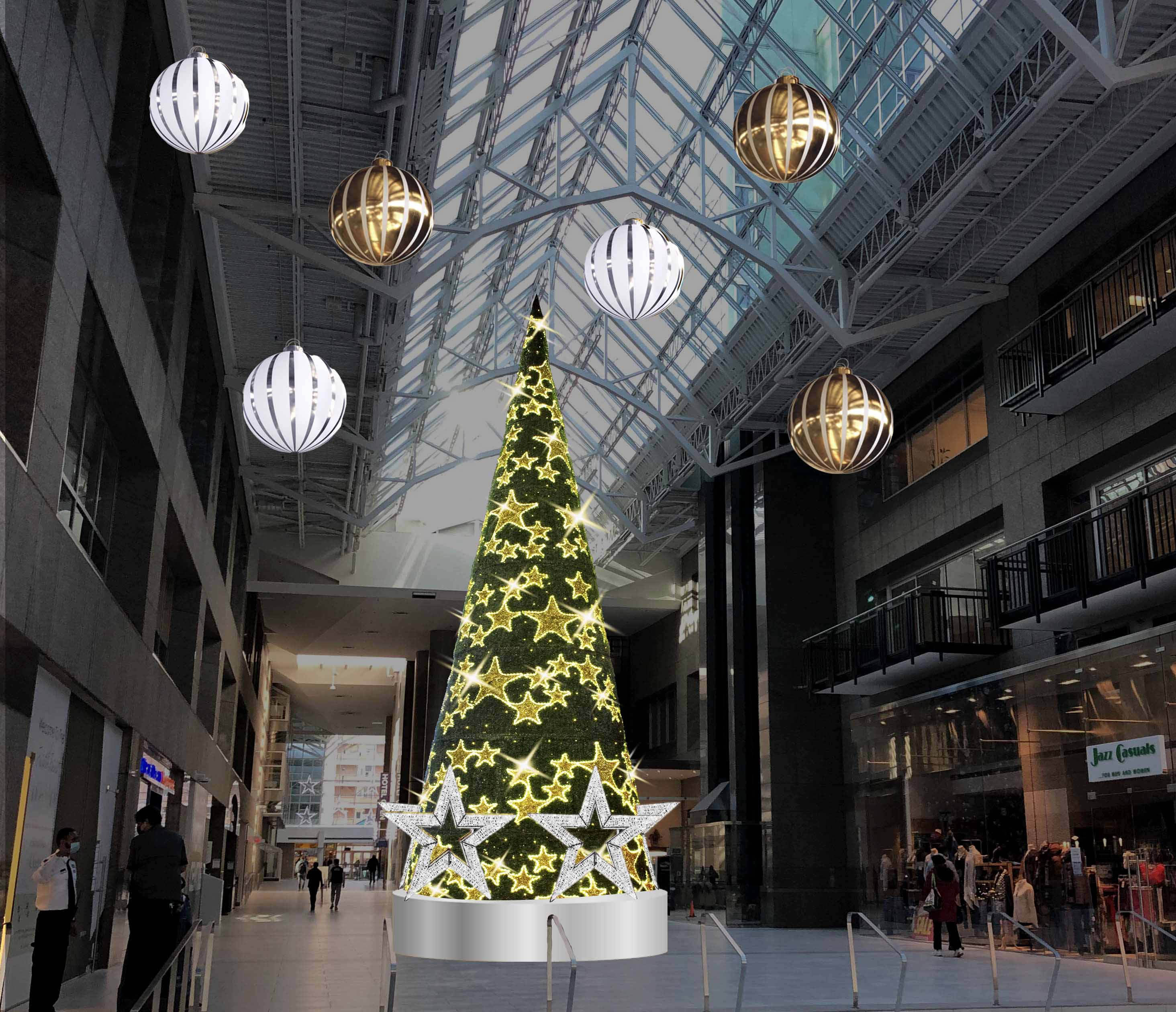 Holiday tree and hanging ornament installation mockup