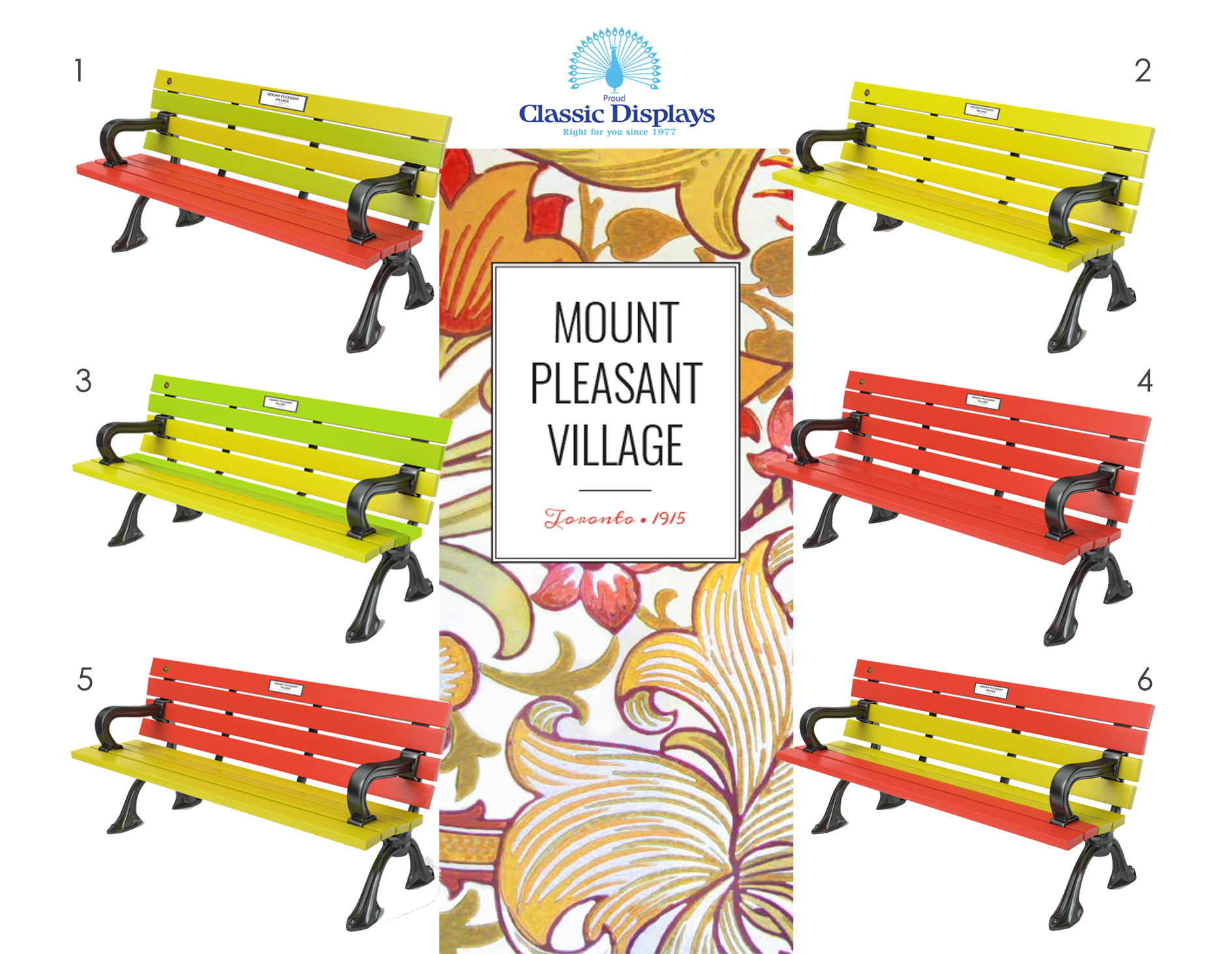 Six colour concepts for Mount Pleasant Village benches