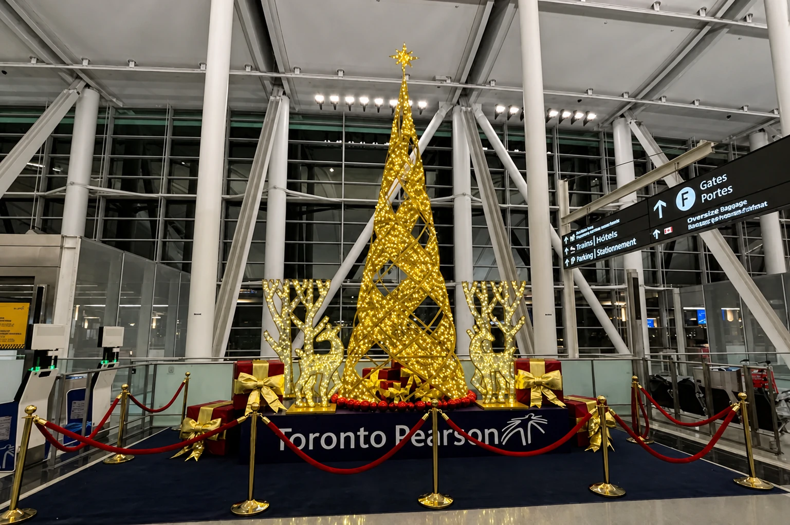 Completed Toronto Pearson illuminated Christmas tree and reindeer installation