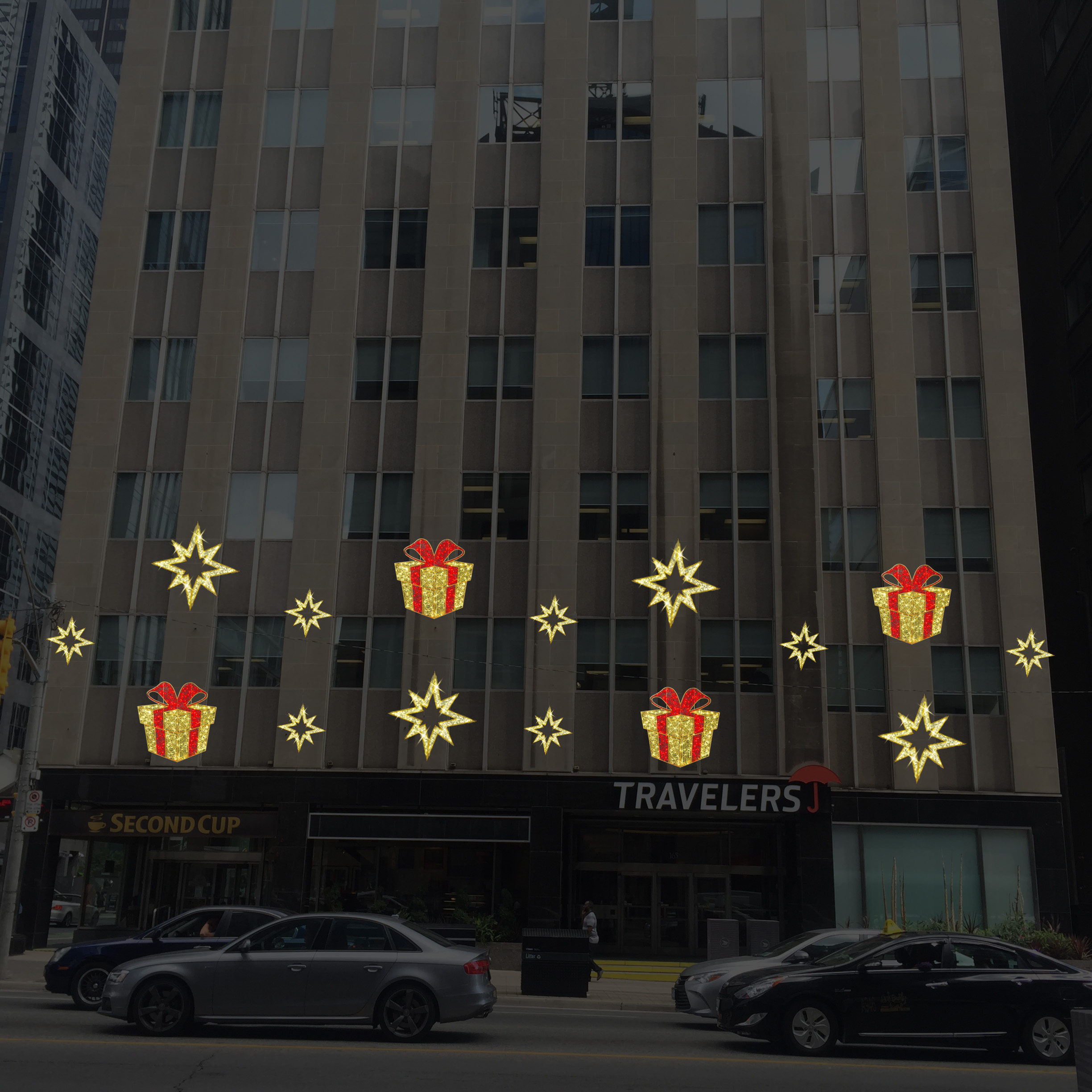 Travelers building holiday gift and star installation concept