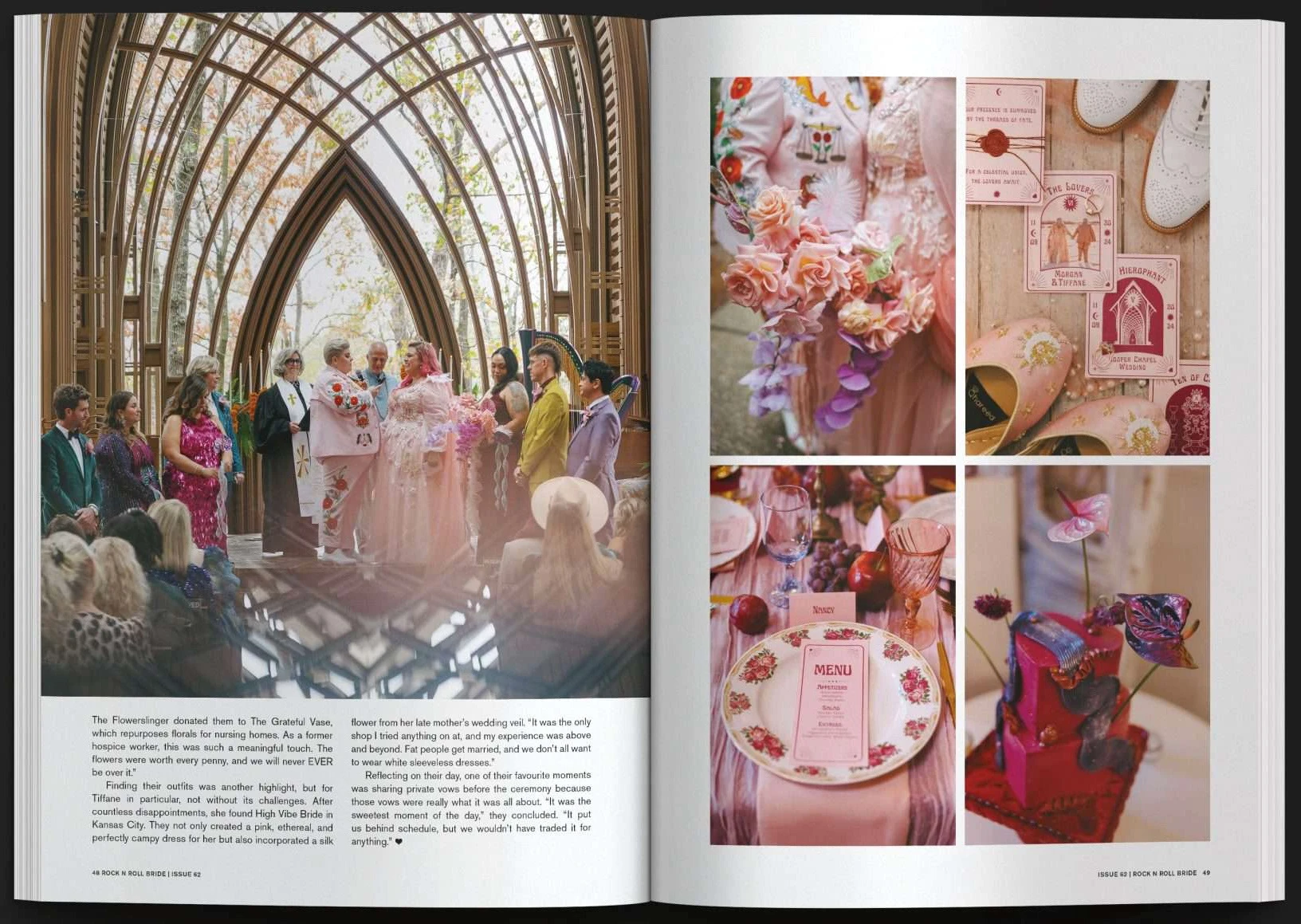 Qhareed custom wedding shoes featured across a Rock n Roll Bride magazine spread