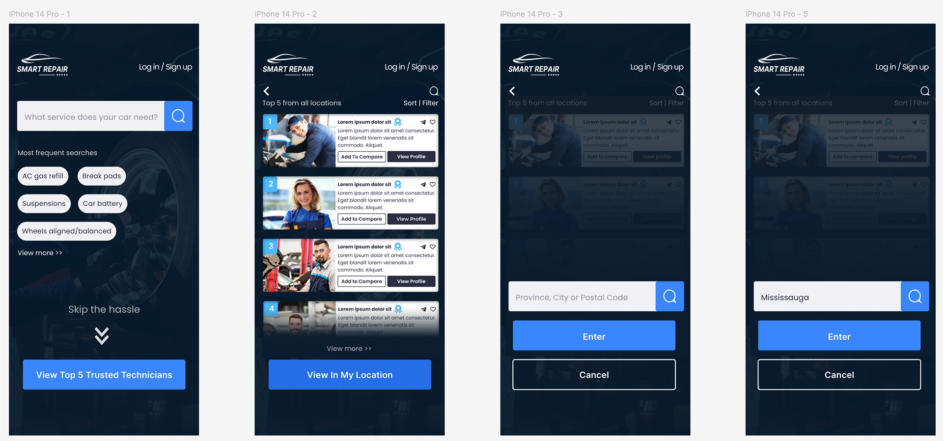 Smart Repair high-fidelity home, technician list, and location screens