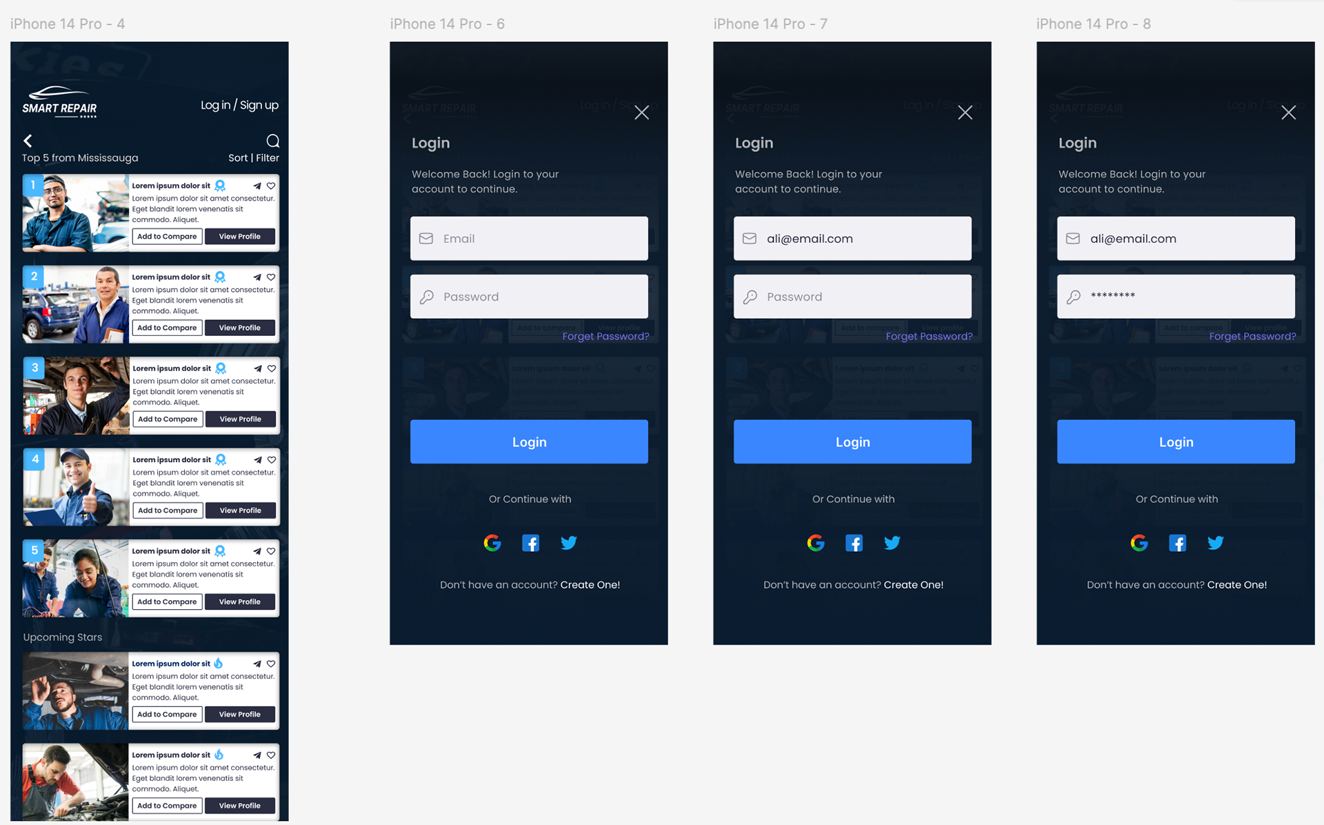 Smart Repair high-fidelity local technician list and login screens