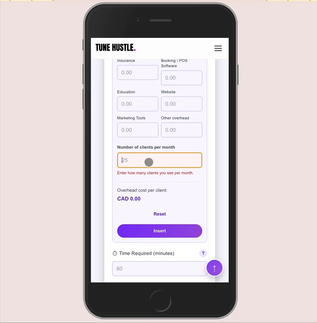 Tune Hustle overhead calculator with fields for insurance, software, education, marketing, and monthly clients