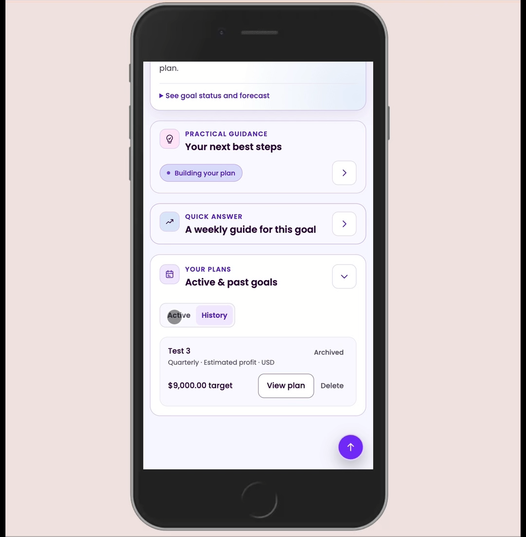 Tune Hustle dashboard showing practical guidance, a weekly guide, and active and archived goal history