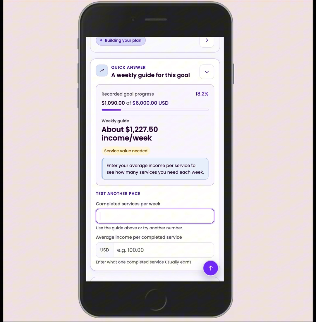 Tune Hustle weekly guide showing goal progress, required income per week, and a service-volume planner